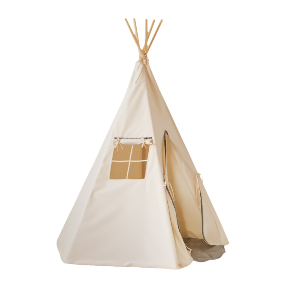 beige tipi with gray pompoms