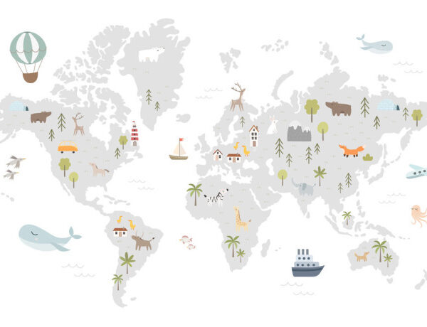 World Map With Cute Animals In Cartoon Style. Map For Nursery, Kids Room With Nature, Animals, Transports. Skandi