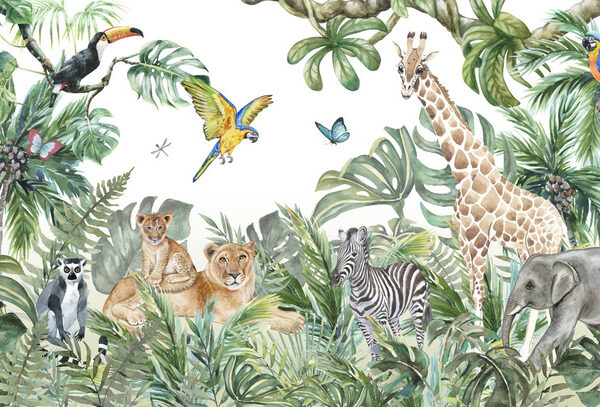 Children's Wallpaper, Watercolor Jungle And Animals. Lions, Giraffe, Elephant, Parrots, Zebra, Lemur