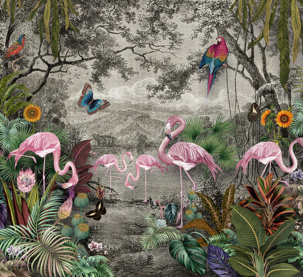 Wallpaper Jungle And Tropical Forest Banana Palm And Tropical Birds, Old Drawing