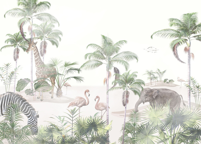 Fototapeta Tropikalne Drzewa i Zwierzęta flamingi słonie żyrafy