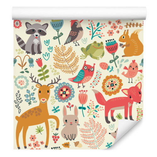tapeta wesołe kolorowe leśne zwierzątka